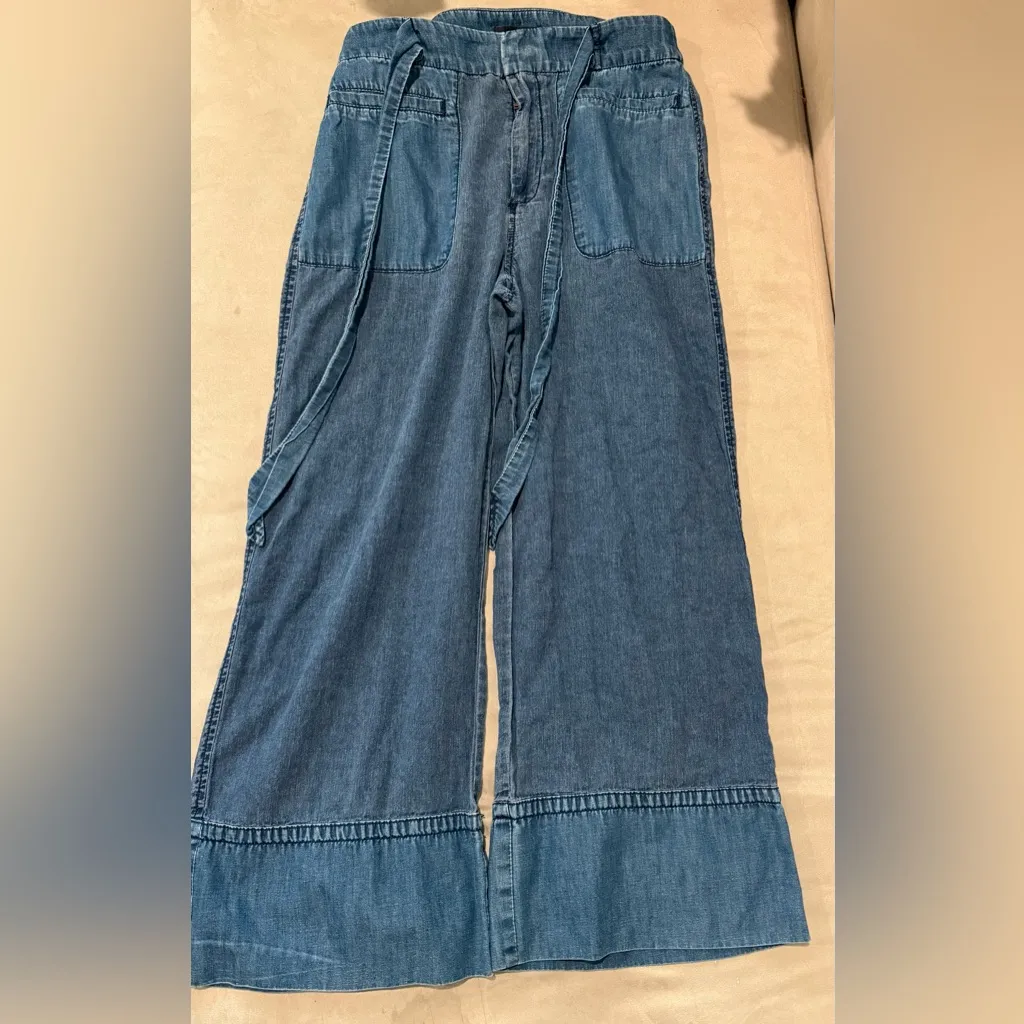 J. Crew Light Wide Leg Cropped‎ Chambray Trousers with Tie Belt Size SP - Image 4