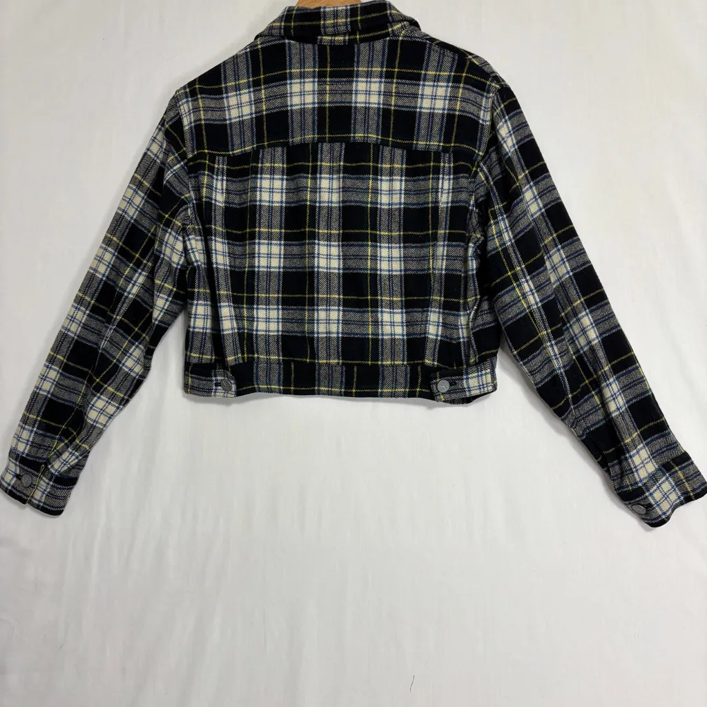 Calvin Klein Wool Cropped Jacket Womens M Navy Plaid Flannel Y2K Grunge Street - Image 10