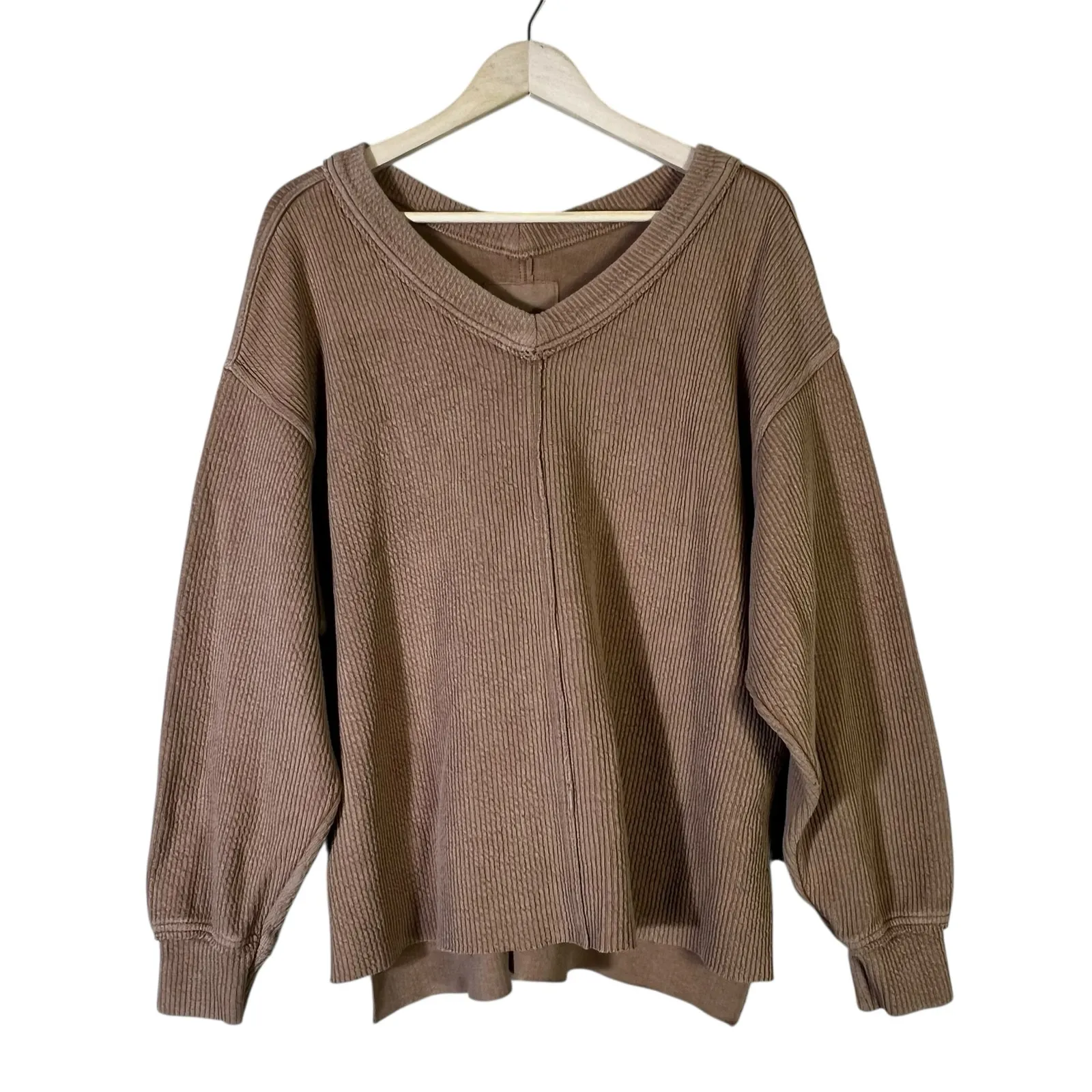 Aerie Wonder Textured V-Neck Long Sleeve Sweatshirt Womens S Brown Clean Girl - Image 2