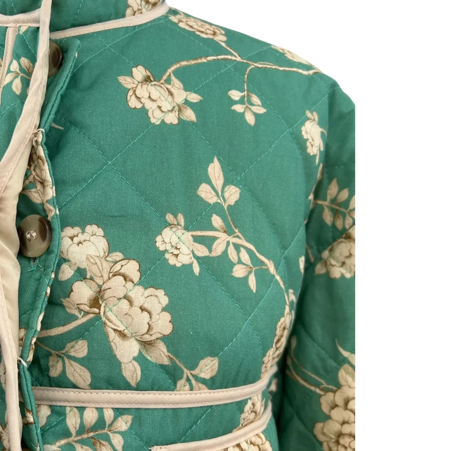 7 For All Mankind Diamon Quilted Jacket Cropped Floral Print Green Size Small - Image 4