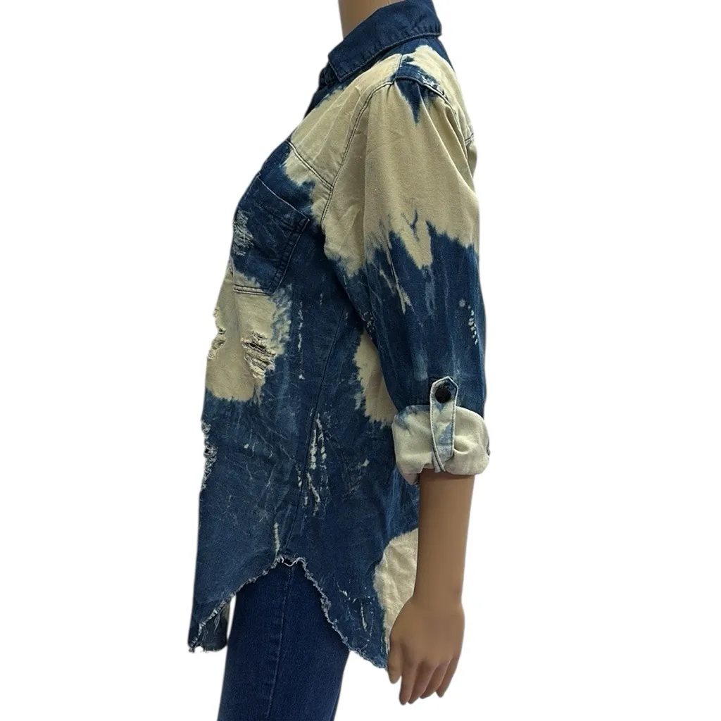 Thrill Acid Wash Distressed Denim Roll Tab Sleeve Button Up Double Pocket Shirt Blue Size M - Image 6