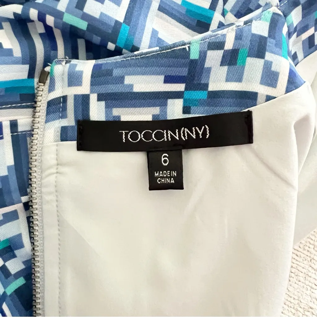 Toccin Blue Geometric Pattern Lantern Sleeve Shift Mini Dress Size 6 - Image 7