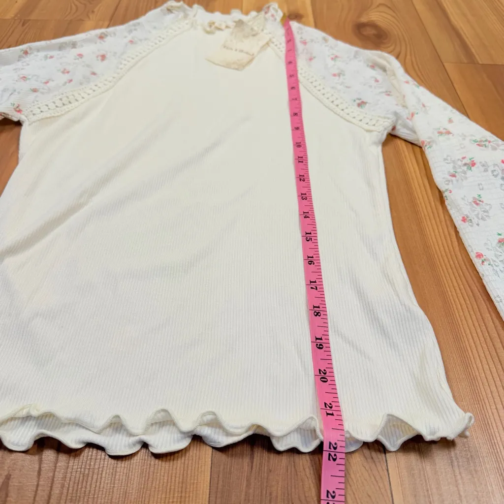 Hem & Tread Ribbed Mock Neck Scallop Trim Dainty Floral Long Sleeves Small New - Image 3