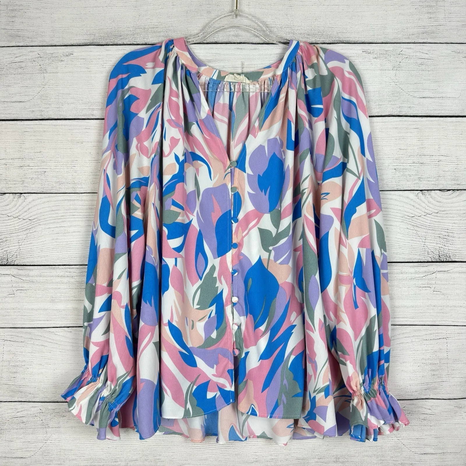ENTRO Anthropologie Colorful‎ Patterned Blouse Long Sleeve Size Medium Spring - Image 2