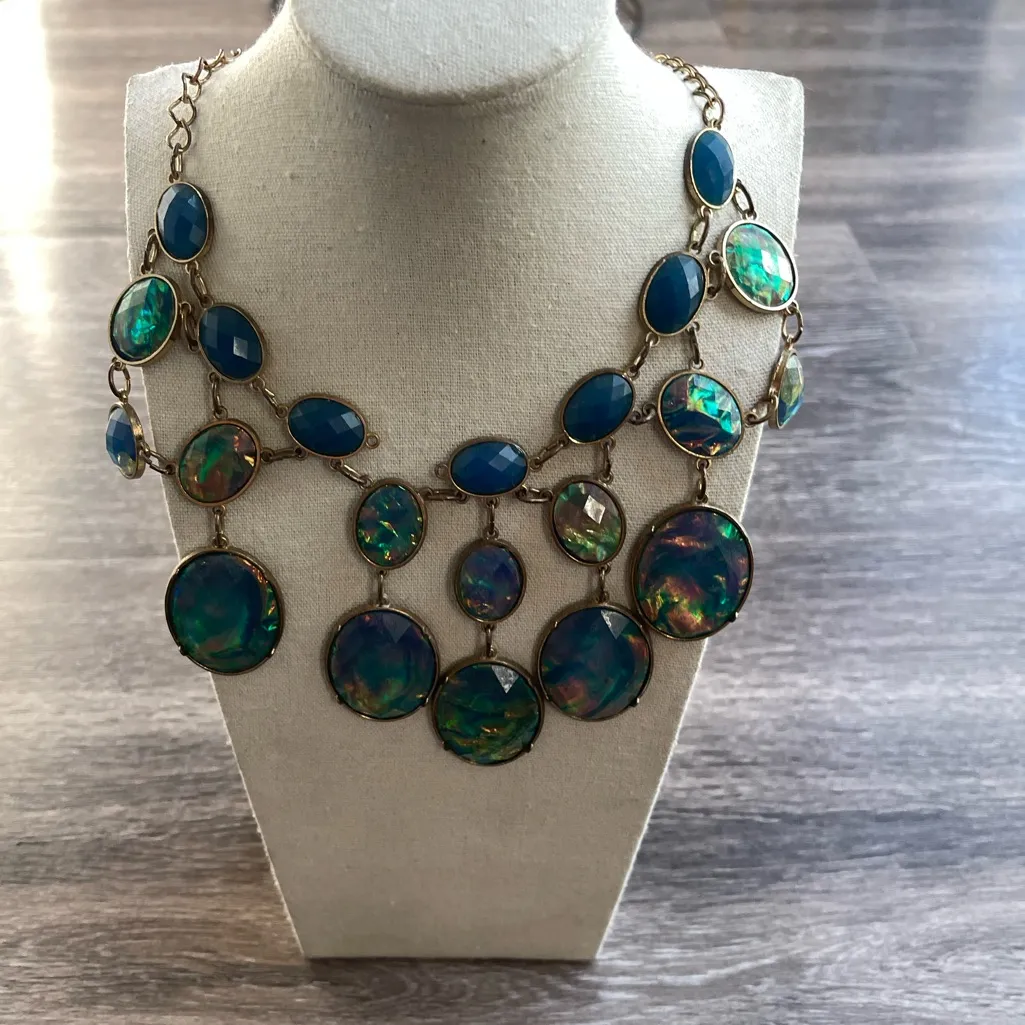 Vintage Opal Gemstone Link Gold Tone Bohemian Necklace with paired Earrings Blue - Image 5