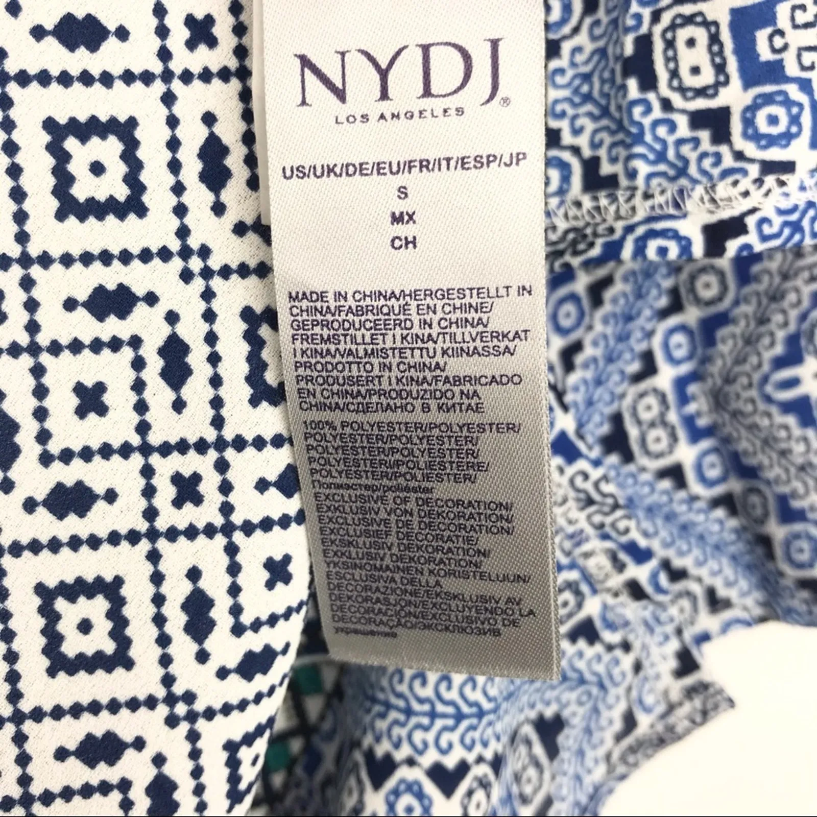 NYDJ Womens Beaded V-Neck Tassel Blouse 3/4 Sleeve Geometric Pattern Blue Small - Image 4