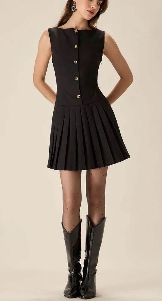 Rihoas Black Boat Neck Pleated Mini Dress - Image 4