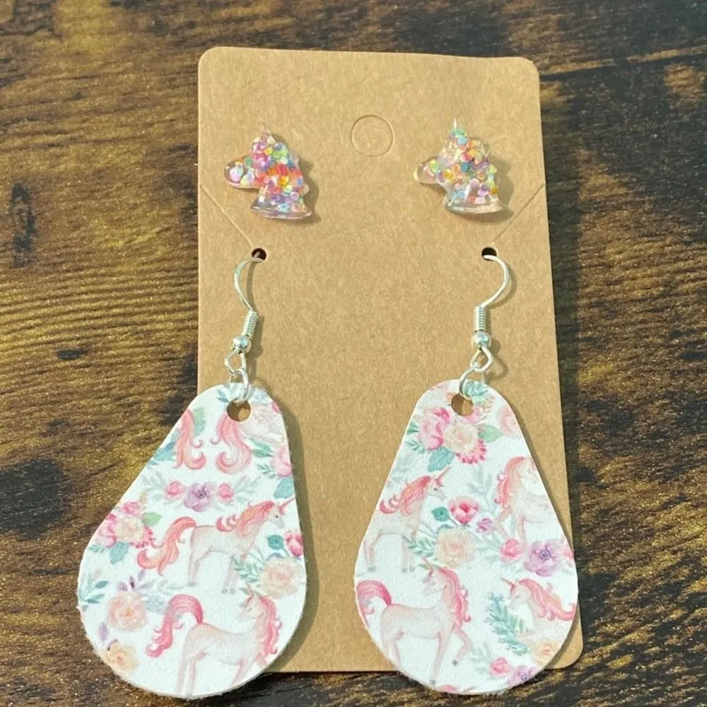Floral Unicorn Statements Earrings Pair Set‎ Studs And Dangles Vegan Leather - Image 9