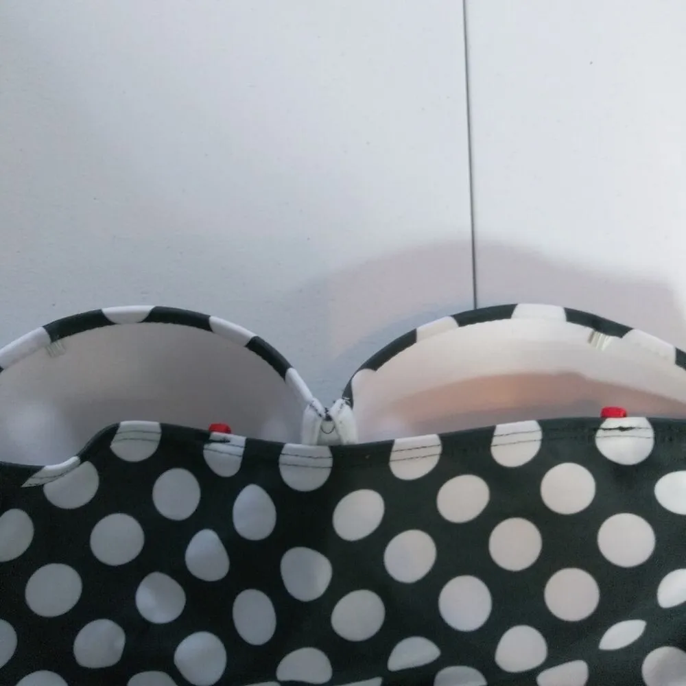 Retro Black White Polka Dot Red Ruched High Waisted Swimsuit Bikini Set M Size M - Image 9