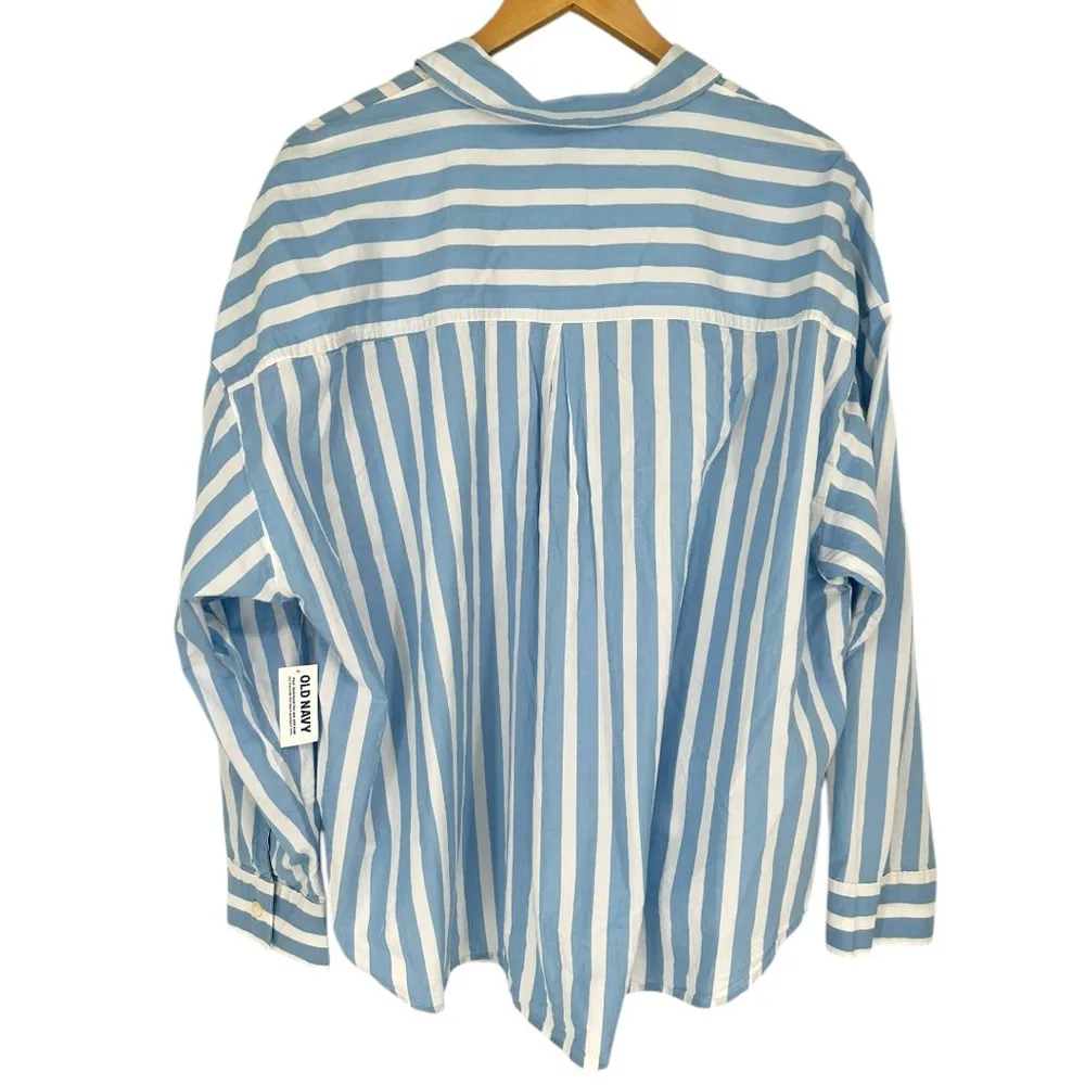Old Navy Blue White Stripe Button Down Cropped Shirt size XXL Long Sleeve NWT - Image 9