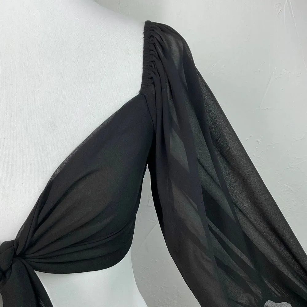 Papermoon Black Front Tie Shirred Sheer 3/4 Sleeve Crop Top Small New - Image 2