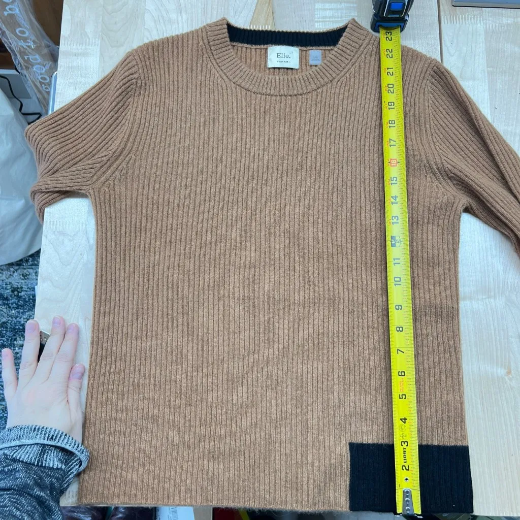 Elie Tahari 100% Cashmere Ribbed Crewneck Sweater Camel Brown Black Size Large - Image 13