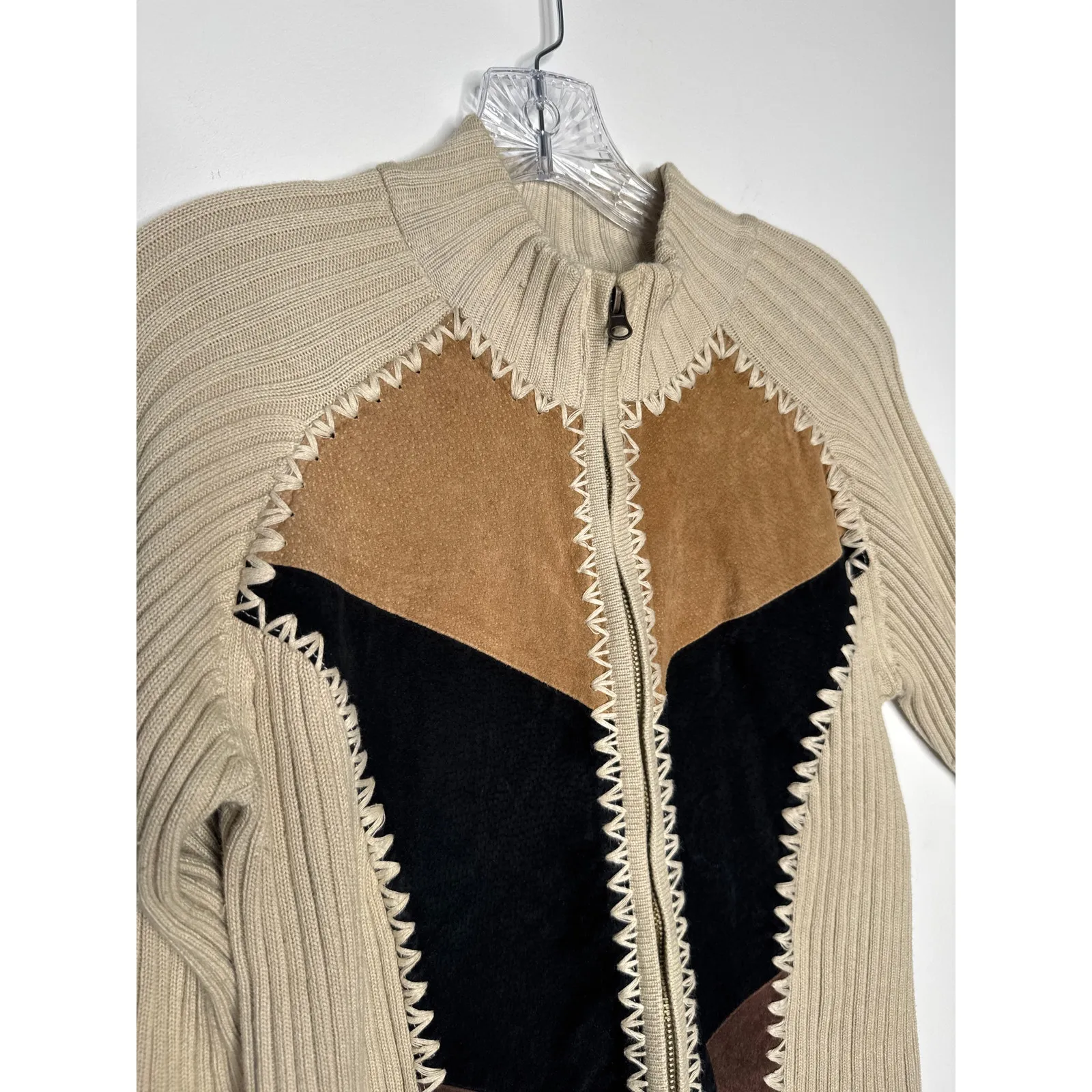 Vintage Kikit by Maurice Sasson Leather Knit sweater zipper jacket 90s Western M Tan Size M - Image 9