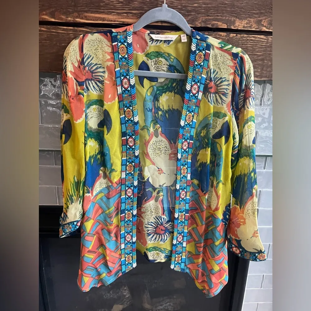 Soft Surroundings Curacao Topper Embroidered Parrot Top Blouse Women's PXS $120 - Image 3