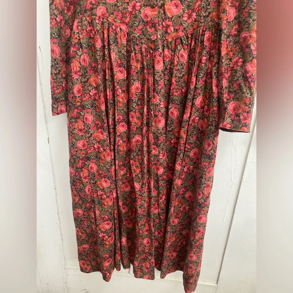 Vintage Laura Ashley Floral Dress Sz 8 Brown Pink Sleeve Basque Waist Wool Blend - Image 9