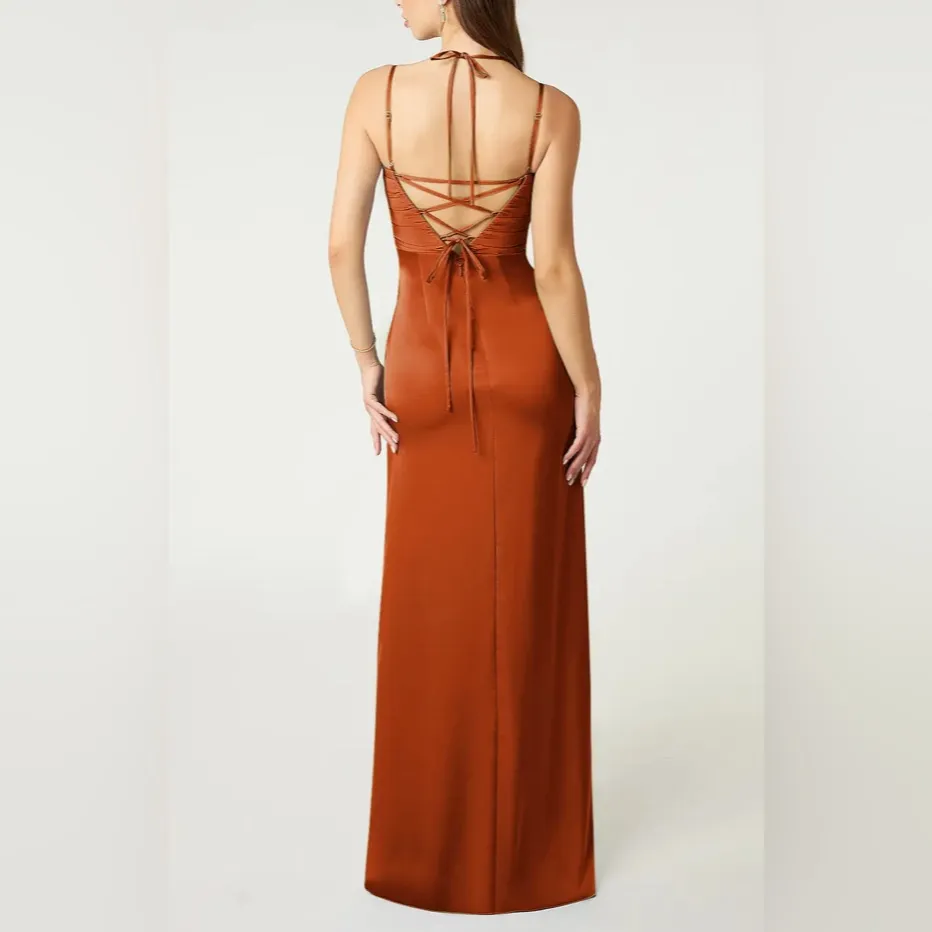 AZAZIE Desi Sheath Halter Corset Stretch Satin Dress Orange Size 12 NWT - Image 3