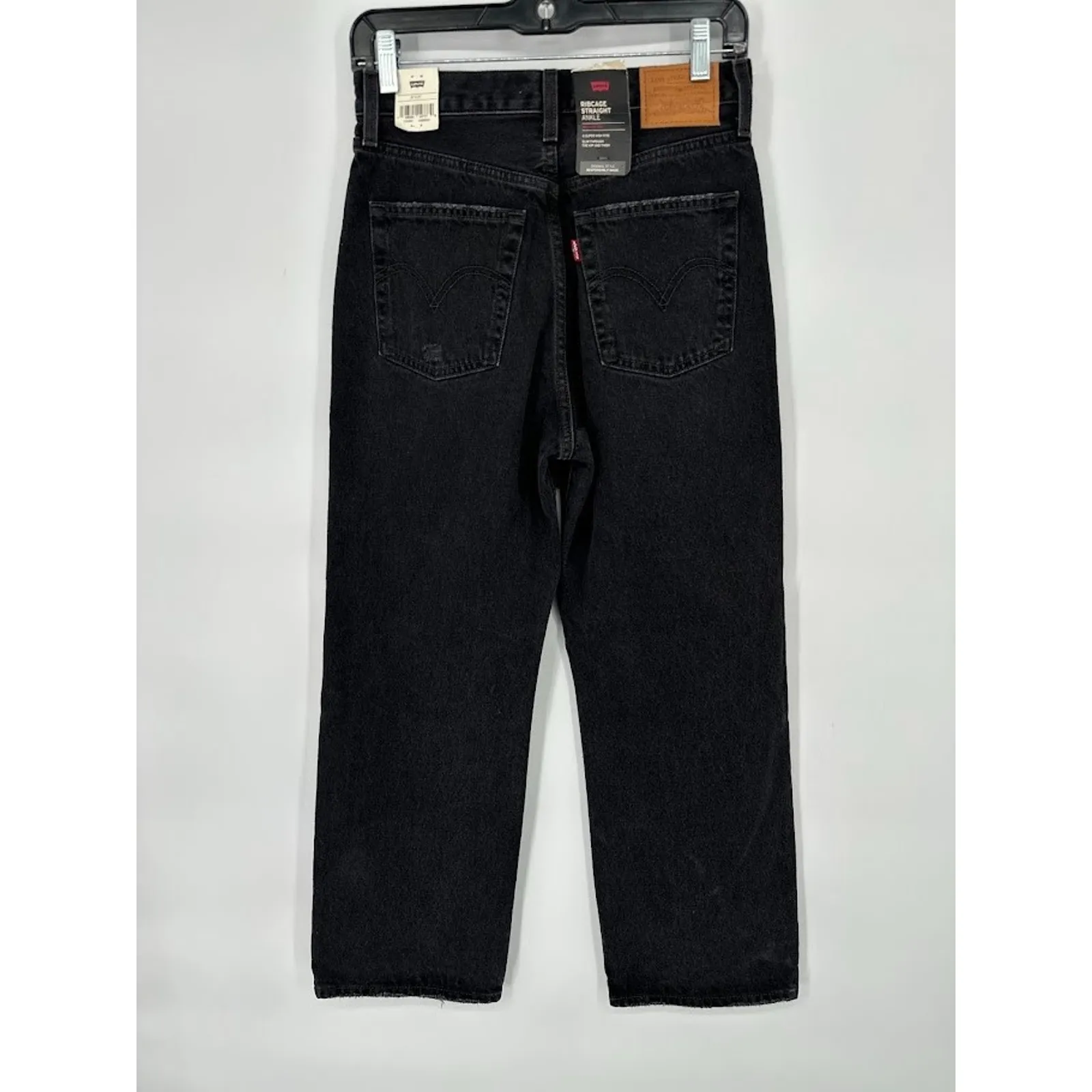 Levis Women Ribcage Straight Ankle Premium Jeans Button Fly Black Distress 27x27 - Image 4