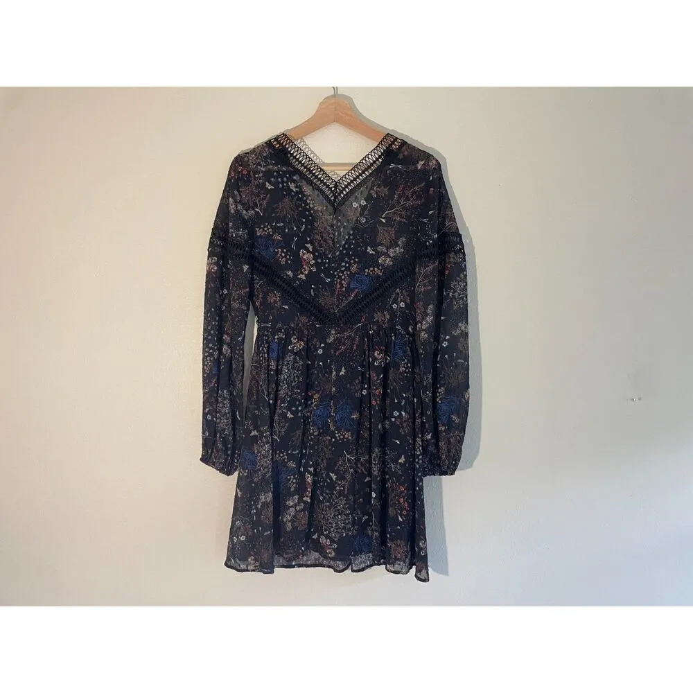 Dark Floral Babydoll Dress Sheer Chiffon Lace Accents Size Small Whimsigoth Boho Black - Image 2