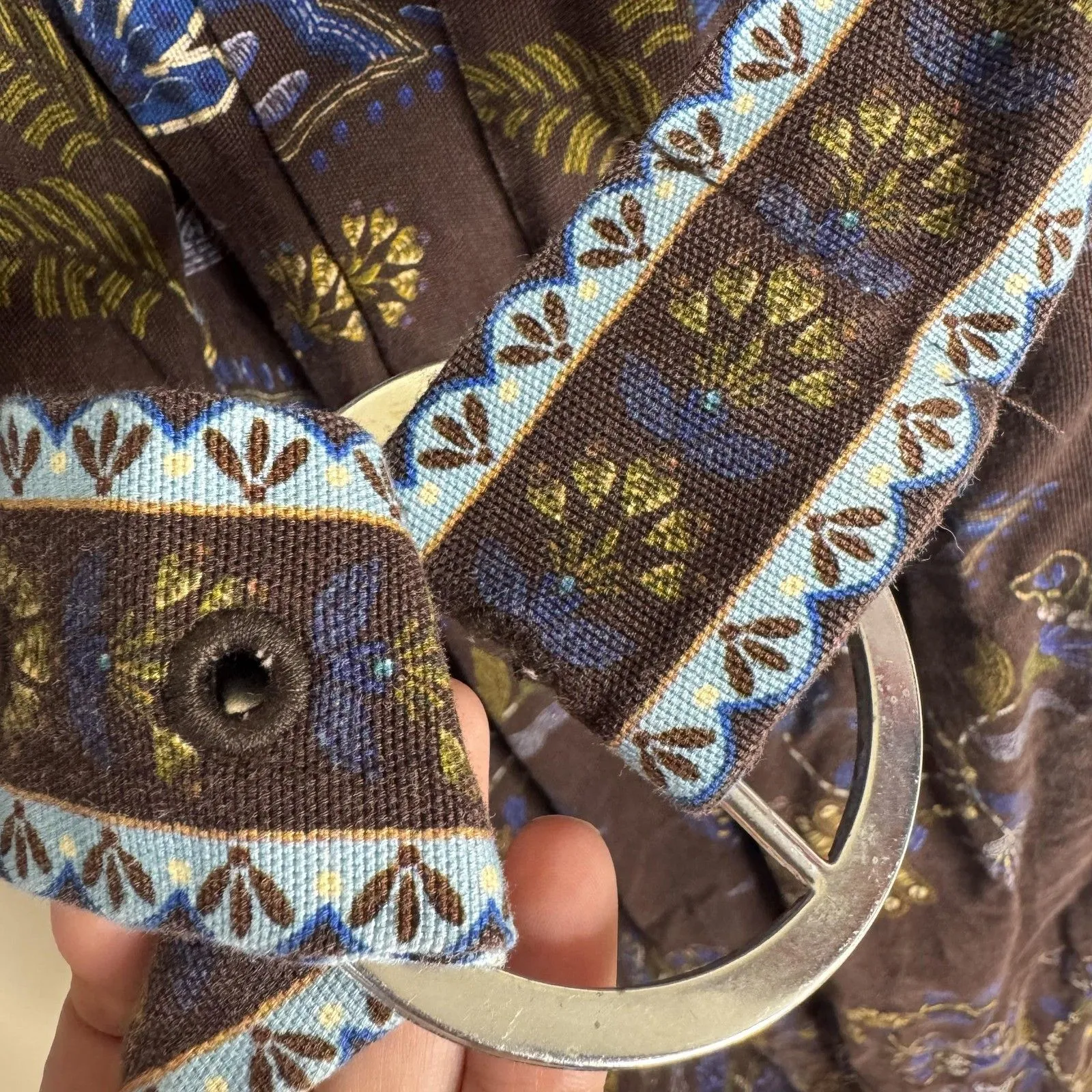 Farm Rio Jumpsuit Womens Medium Brown Blue Floral Belted Long Sleeve V Neck Boho - Image 7