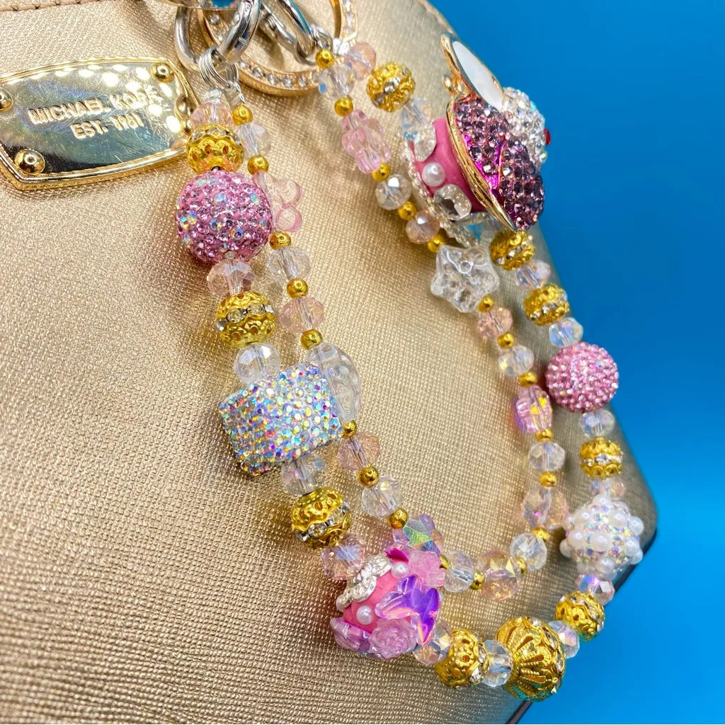 🐰Luxury Bag/Phone Chain Charm/Keychain Sparkly Bling Beads Rhinestone Pink Bunny - Image 2