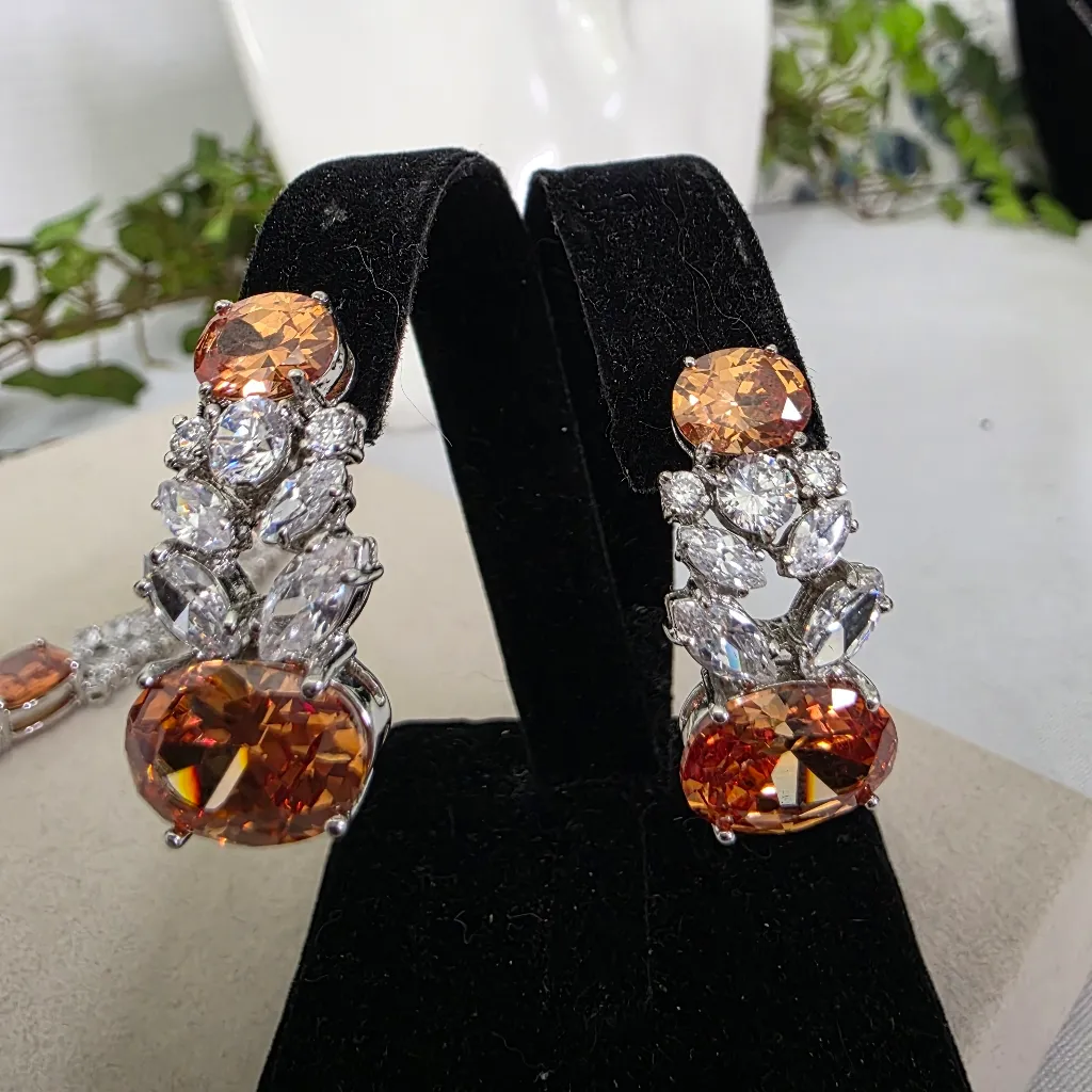Silver Rhodium with Orange And Clear Zirconia Neckalce and Earrings Set - Image 11