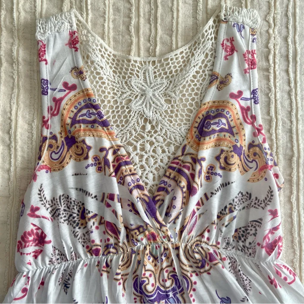 Y2K Vtg Crochet Boho Mini Dress Paisley Desert Pastels Indie S Small Forever 21 - Image 8