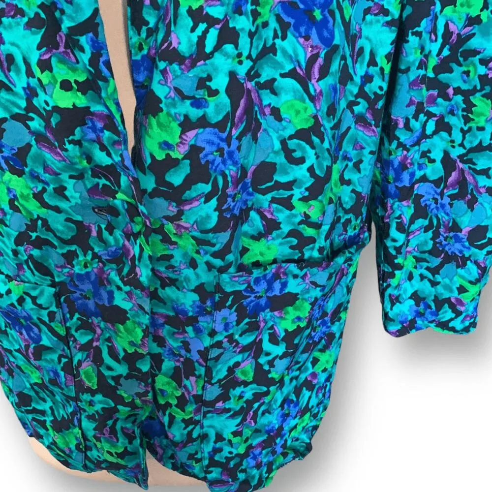 Vintage 90s Blazer Jacket Aqua Blue Purple Floral Print USA Made Oversized Green Size 12 - Image 5