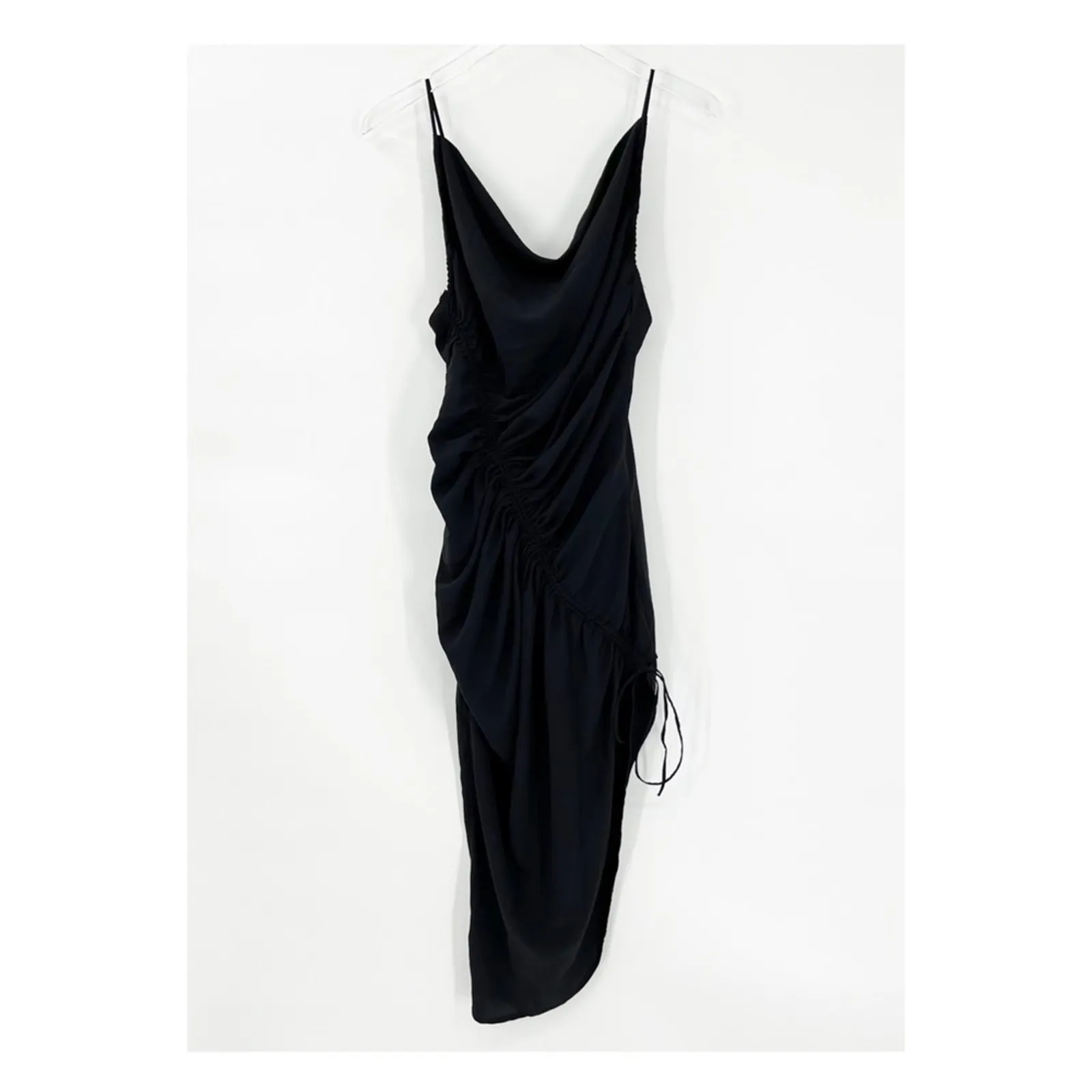 NEW Abercrombie & Fitch‎ Ruched Asymmetrical Satin Midi Bodycon Dress SP Black - Image 3