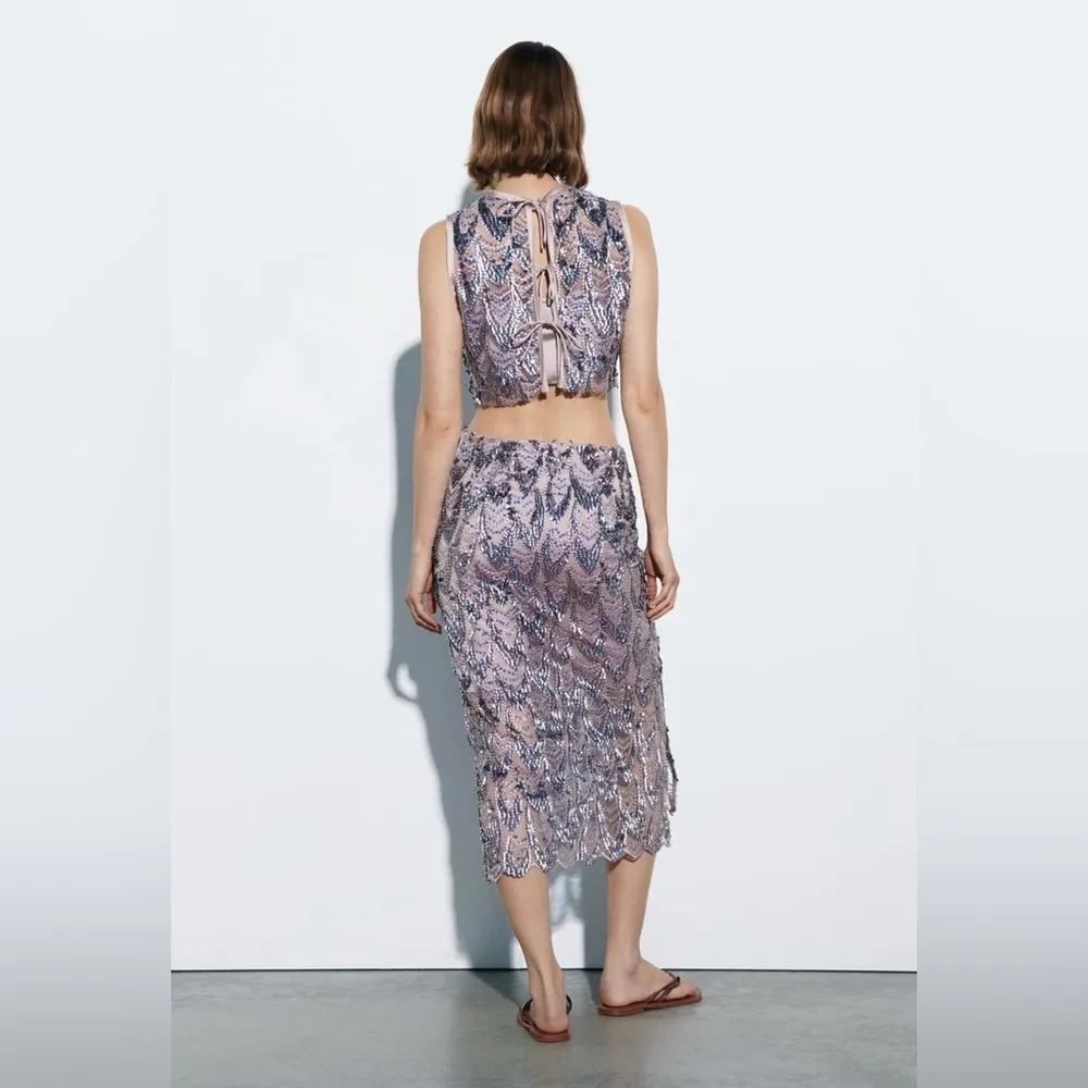 Zara Metallic Multicolored Luxury Sequin High Waisted Skirt Scalloped Hem Sz S - Image 5