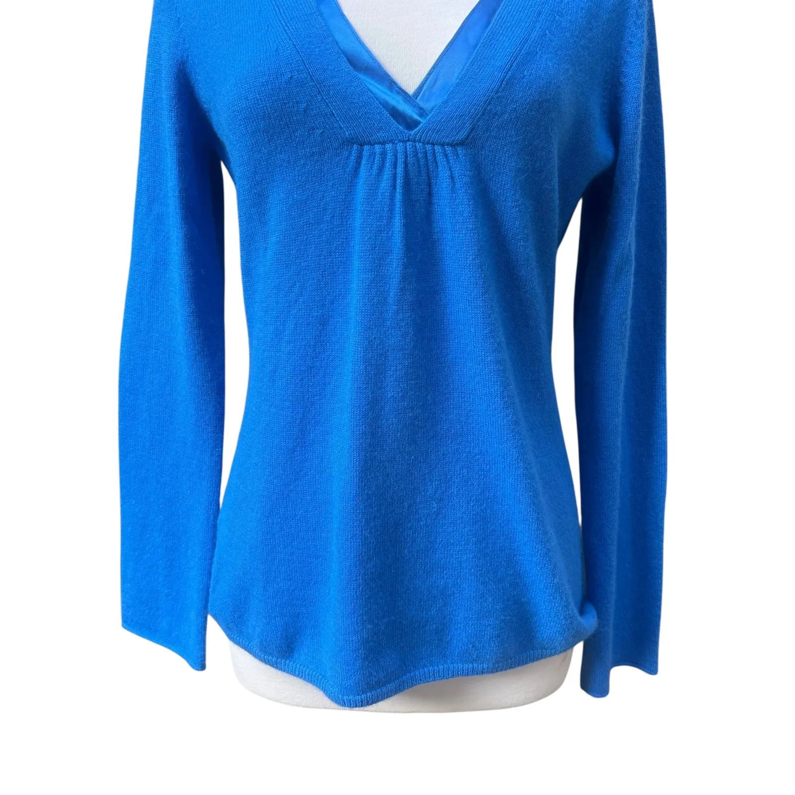 Ann Taylor Babydoll Sweater Sz L Royal Blue V Neck Merino Wool Rabbit Hair - Image 3