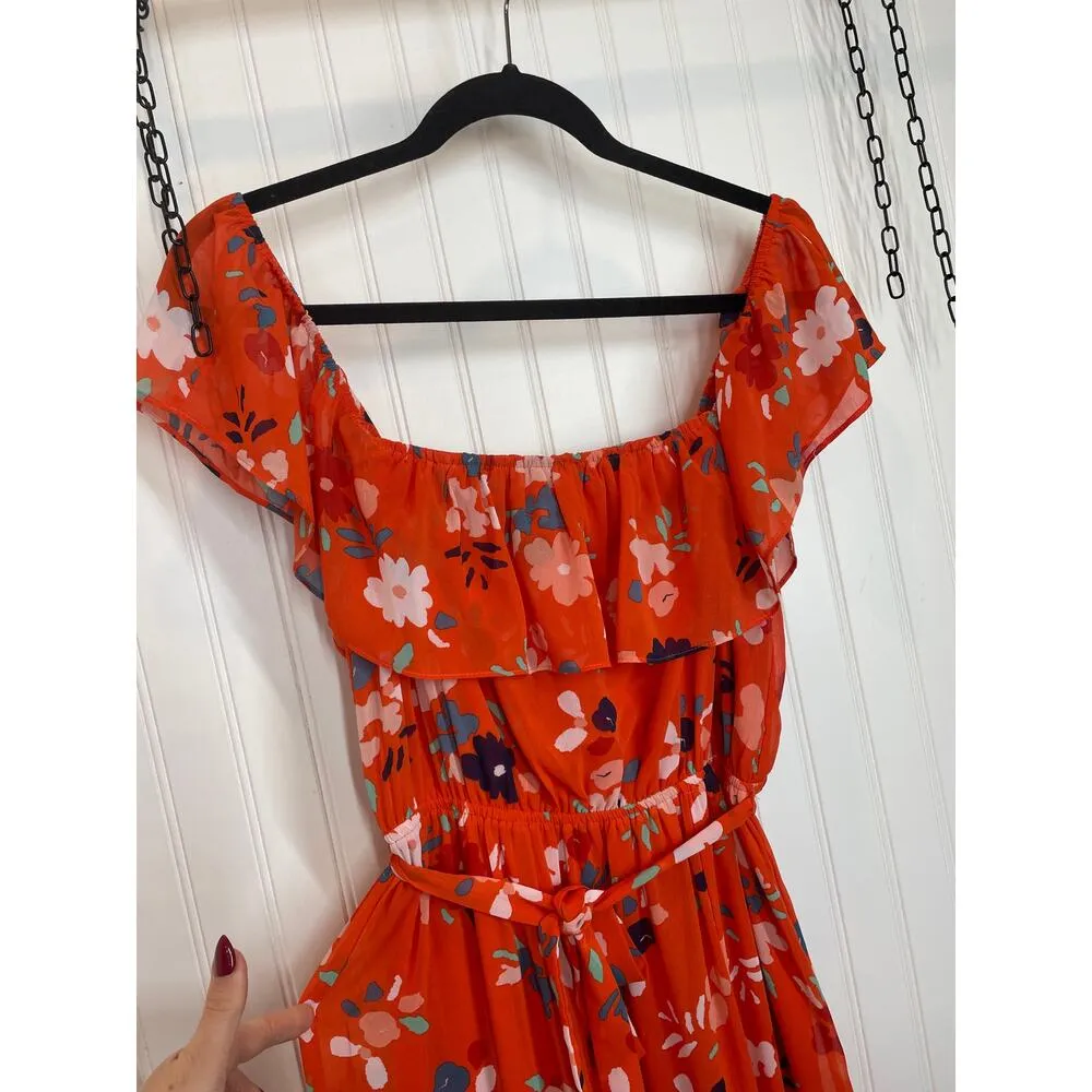 NWT DR2 Ruffle Tiered Floral Maxi Dress Bright Orange Belted Colorful Size XS - Image 4