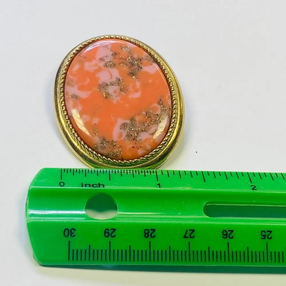 Sarah Coventry Coraline Brooch Pendant Pink Orange Gold Tone Glitter Lucite Oval - Image 13