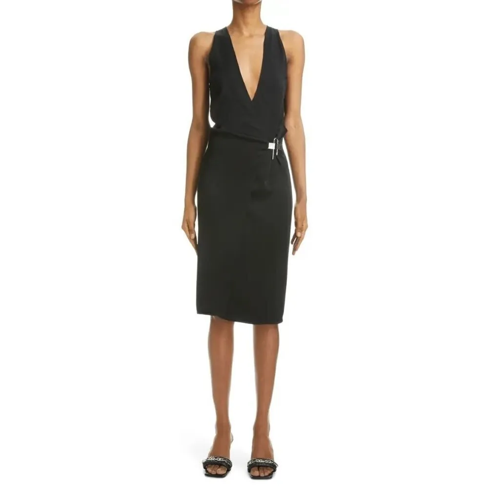 Givenchy Wrap Over U logo Lock Closure Midi Dress in Black 38 4 New Womens - Image 11