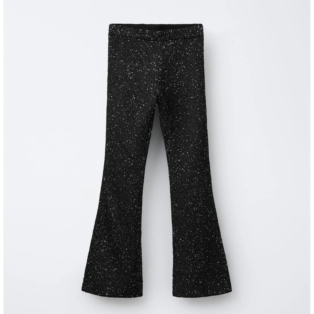 ZARA  Sequin Embellished High Waisted Flare Trouser Pants Black Medium - Image 5