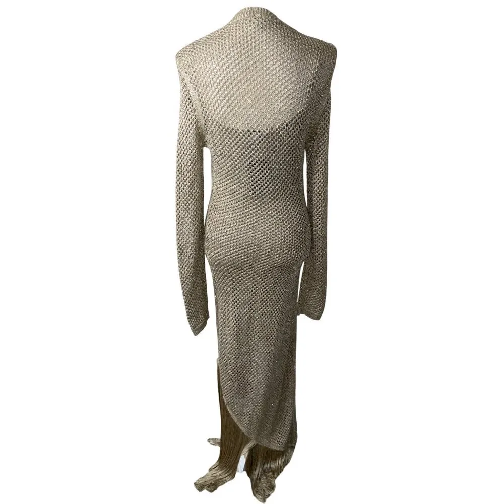 ALLSAINTS Jesse Dress in Gold Medium New Womens Knit Crochet Maxi Fringe - Image 7