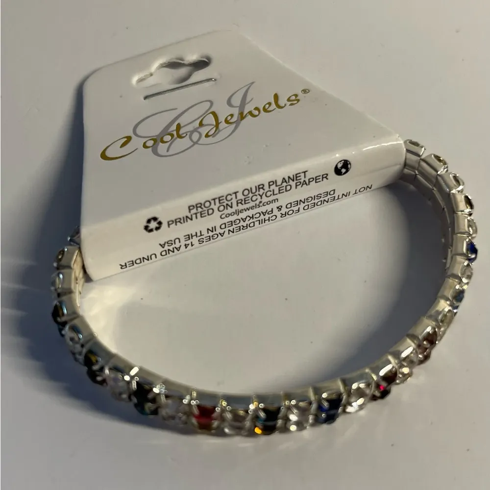 NWT Cool Jewels Sparkling Multi Colored Crystal Elastic Bracelet Silver - Image 2
