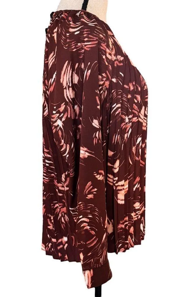 Alfani Medium Pleated Top Round Neck Long Sleeves Swirl Abstract Print Brown New - Image 4