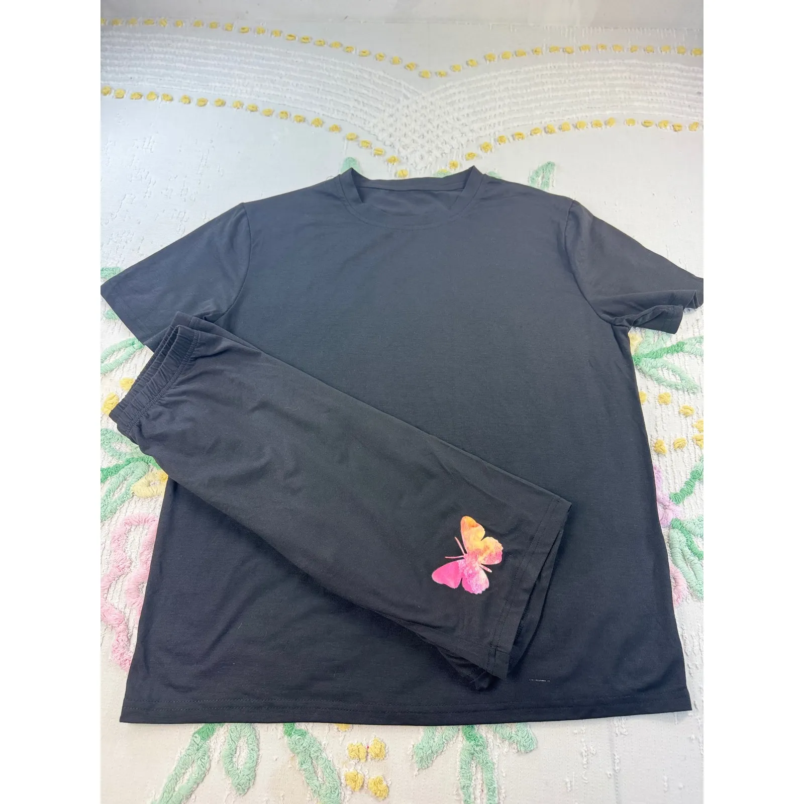 Womens Black Butterfly Graphic Tee Shirt & Bike Shorts Set Lounge Sleepwear M Size M - Image 4