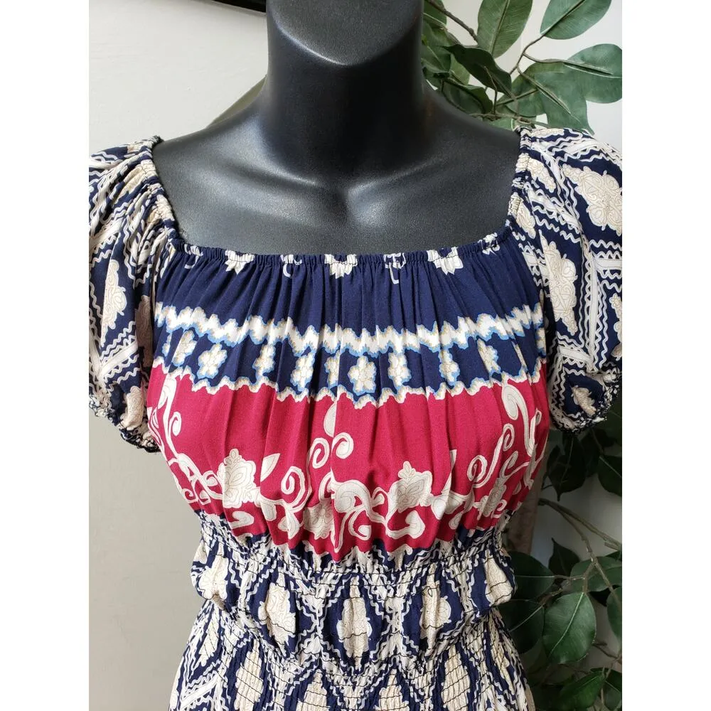 Women's Long Maxi Dress S Multi Geo Pleated Puff Sleeve Round Neck Elastic Waist Blue - Image 11