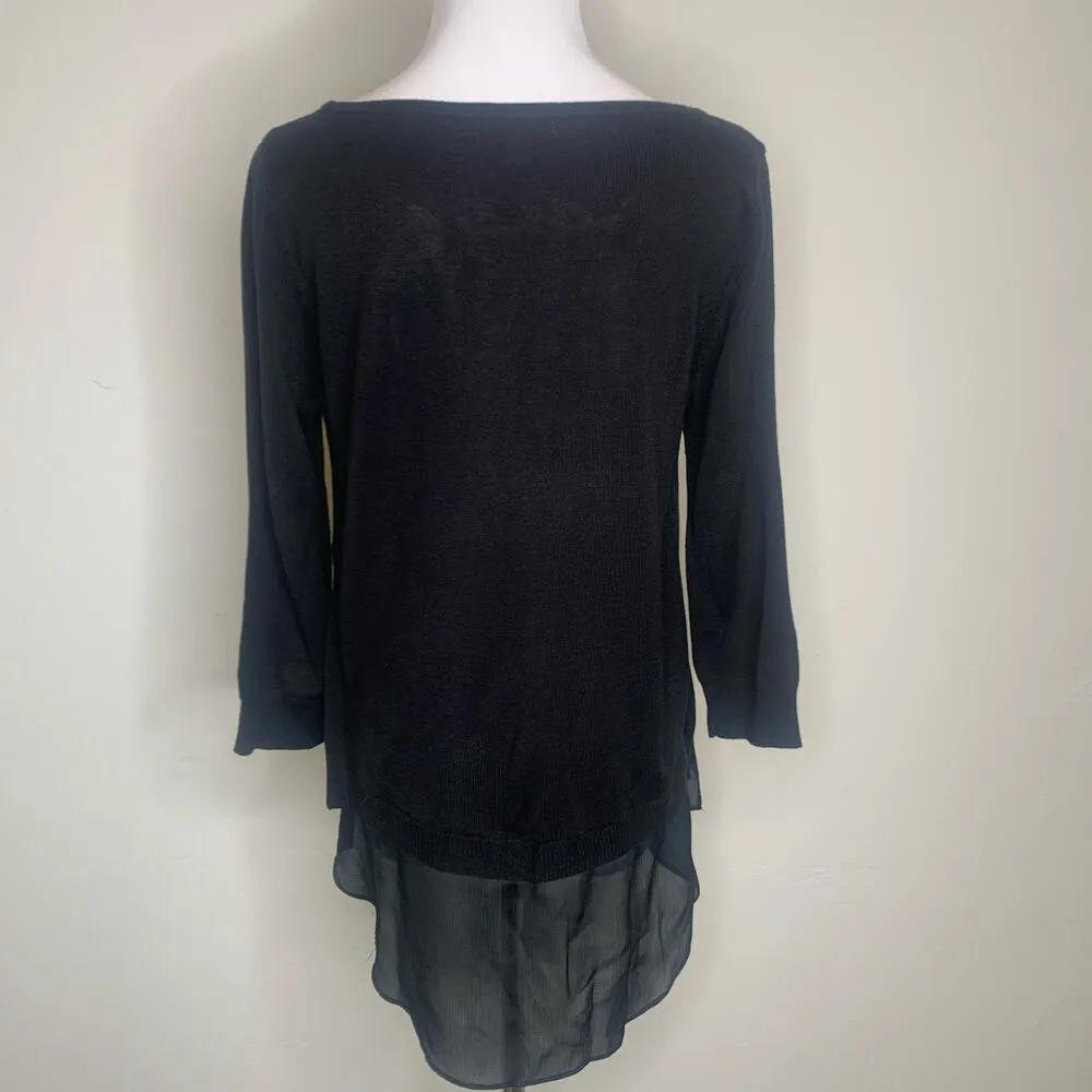 Black Sweater Sz Medium Scoop Neck Chiffon Hem - Image 2