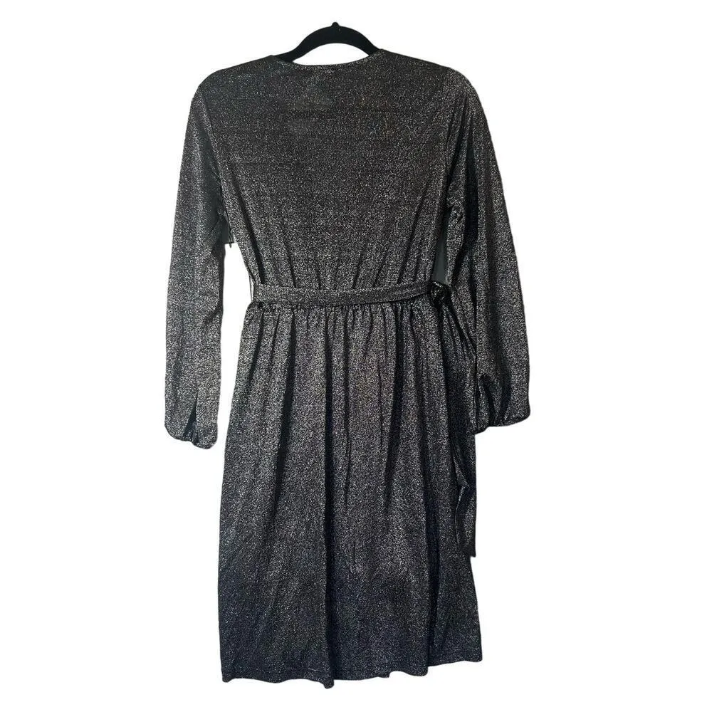 Halogen Dress Womens S Black Sparkly Faux Wrap Drape Long‎ Sleeves Dress NEW - Image 2