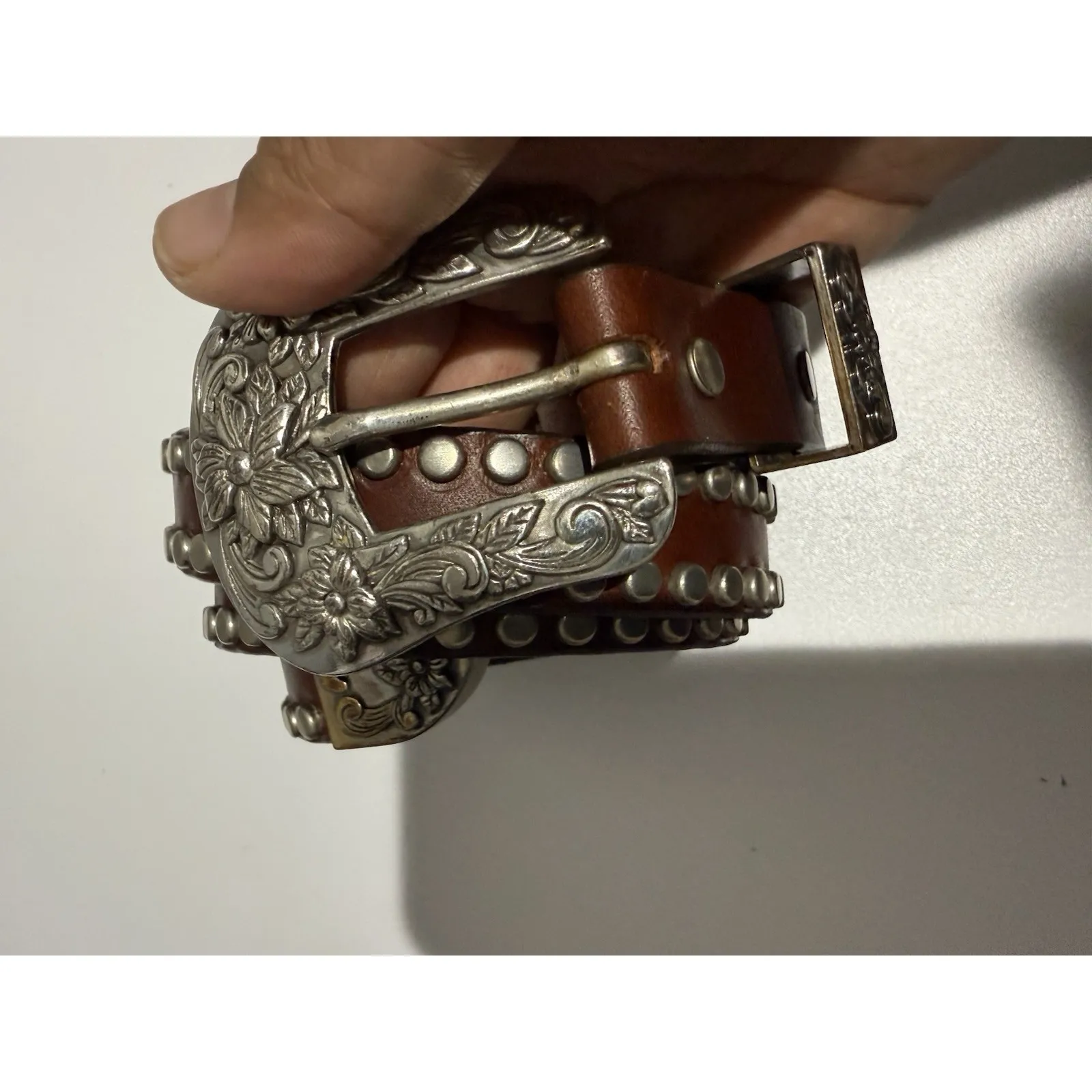 Western Studded Belt San‎ Juan Creek Brown Leather Silver Stamped 35" Sz 30 - Image 2