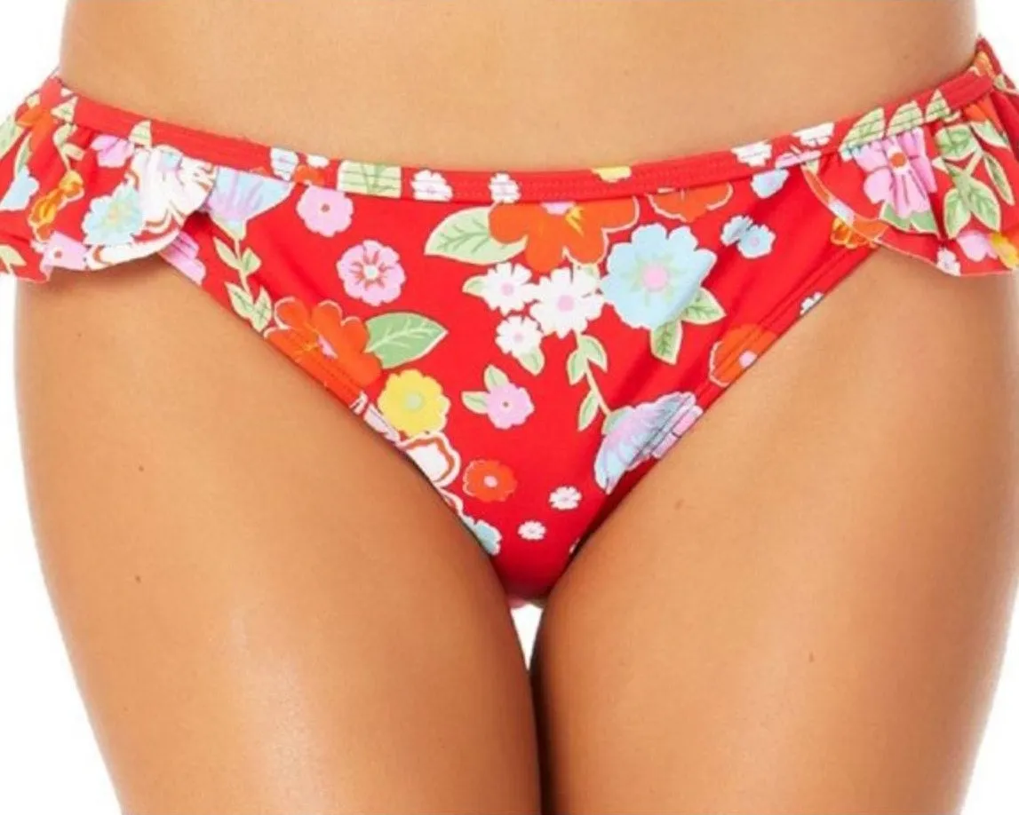 CALIFORNIA SUNSHINE Red Floral Bikini Ruffle Hipster Bottom NWT - Image 1