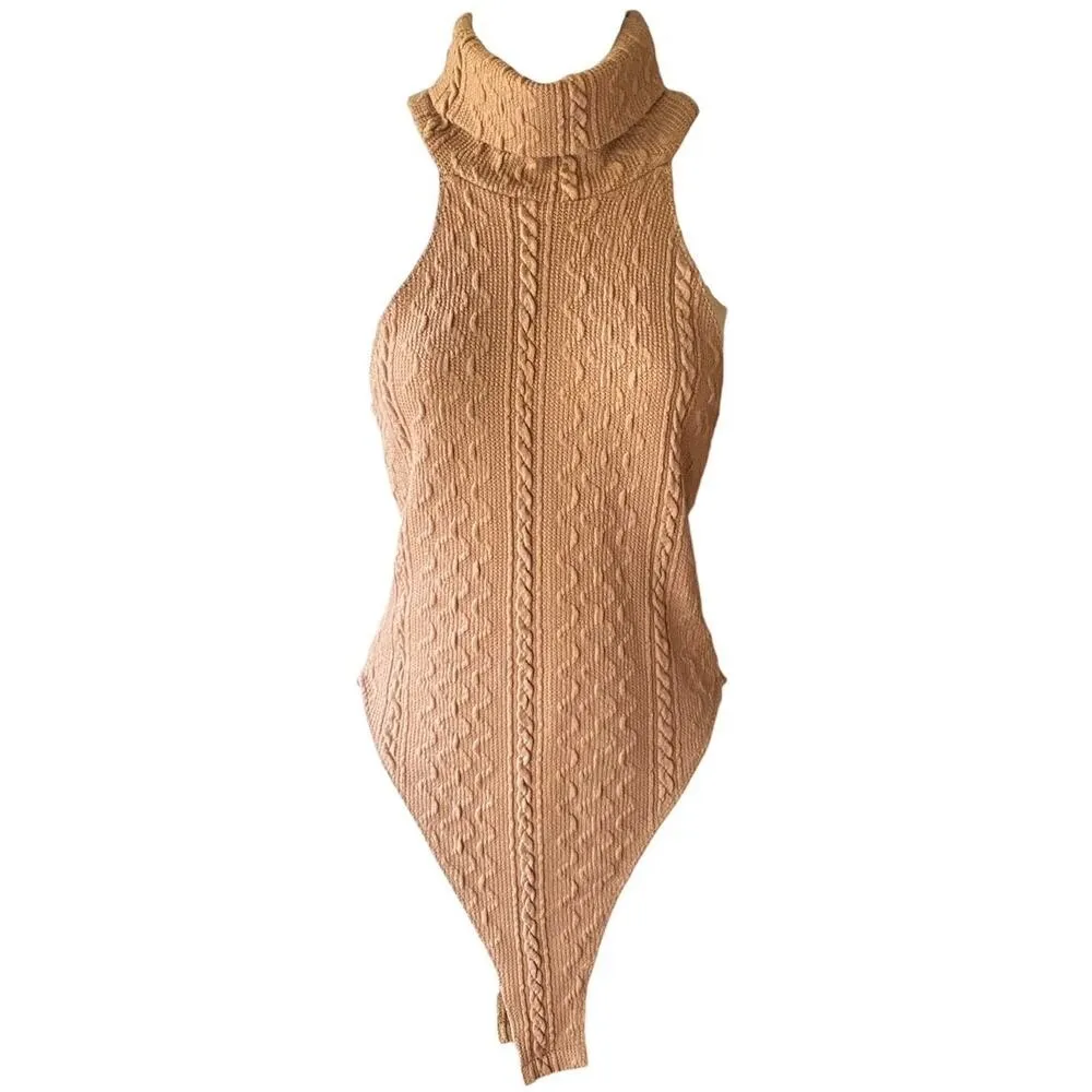 Tan Brown Knit Sleeveless Turtleneck Sweater Bodysuit by SHEIN ~ Women's SMALL - Image 2