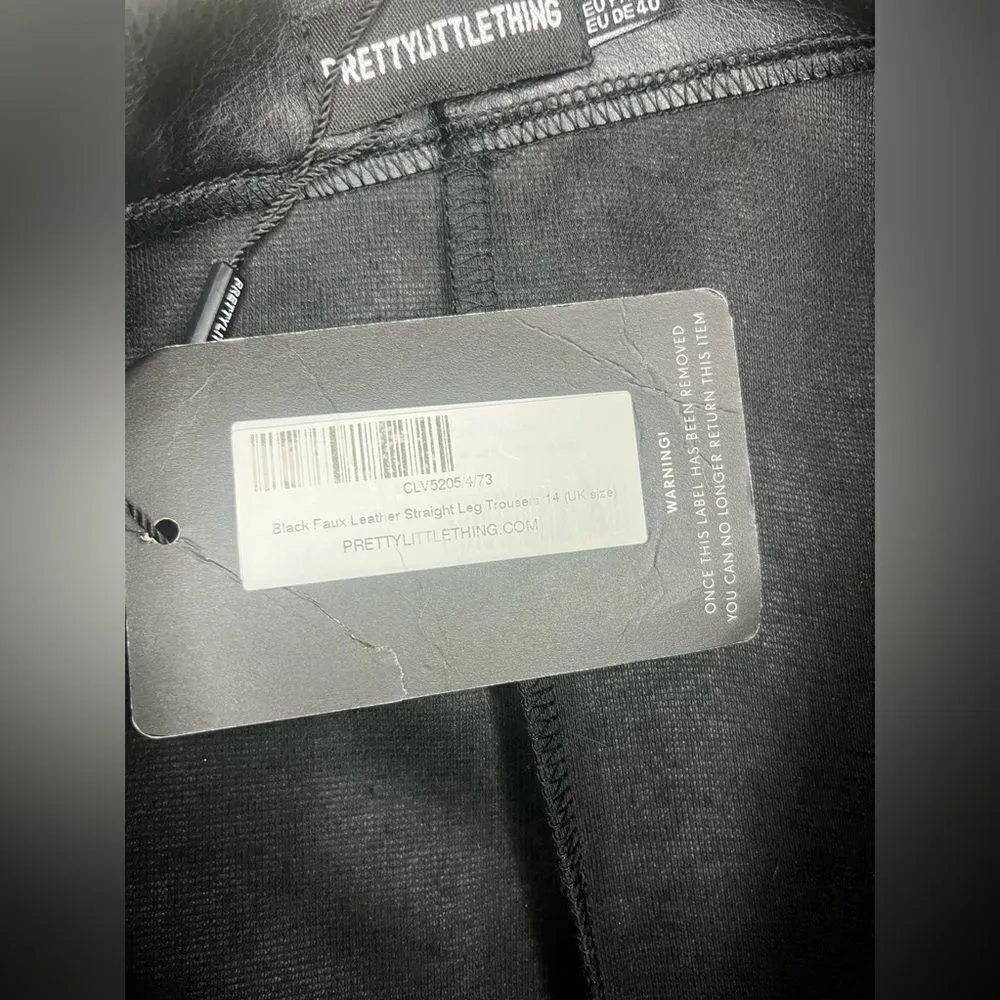 Pretty Little Thing black faux leather straight legged trousers Sz 10 - Image 3