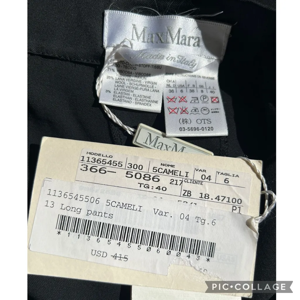 NWT MaxMara Cameli Pants Trousers Black Straight Full Leg S Unhemmed Classic - Image 16