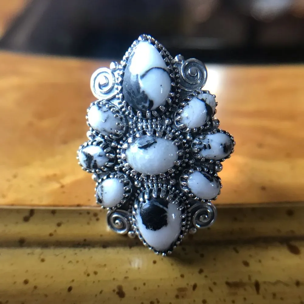White Buffalo Turquoise Sterling Silver Cocktail Ring Size 9 Black - Image 10