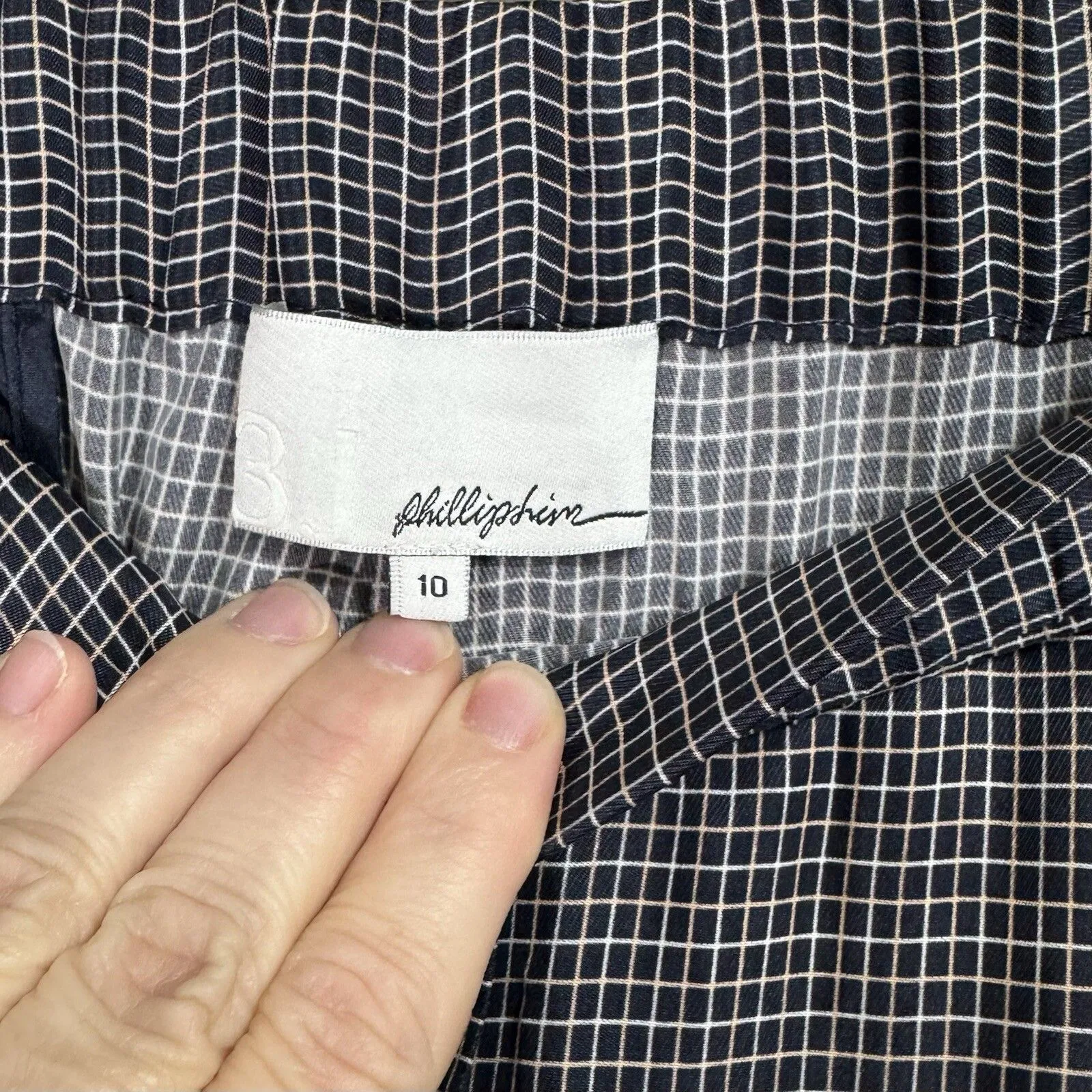 3.1 Phillip Lim Women's Navy Grid Printed Taper Leg Pull On Pants Size 10 Pocket - Image 3