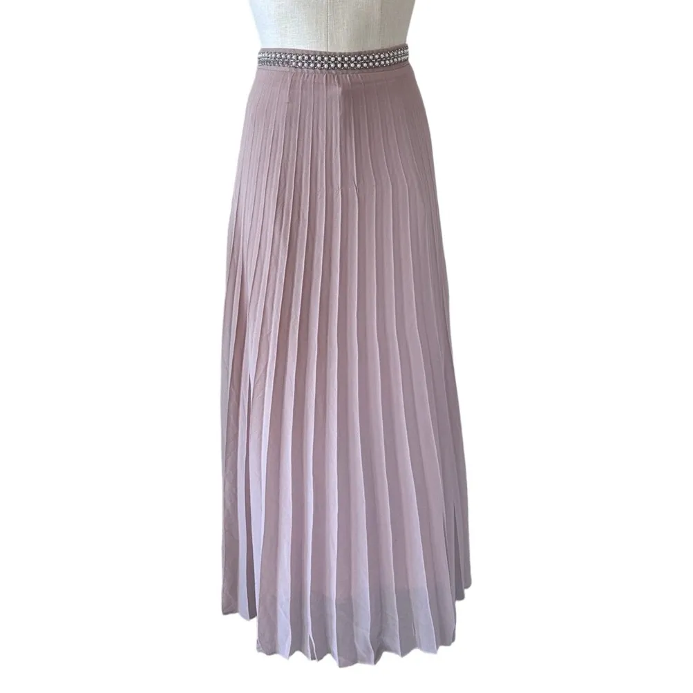 NEW HAUTE MONDE PLEATED CHIFFON MAXI SKIRT PEARL WAISTBAND MAUVE - Image 3
