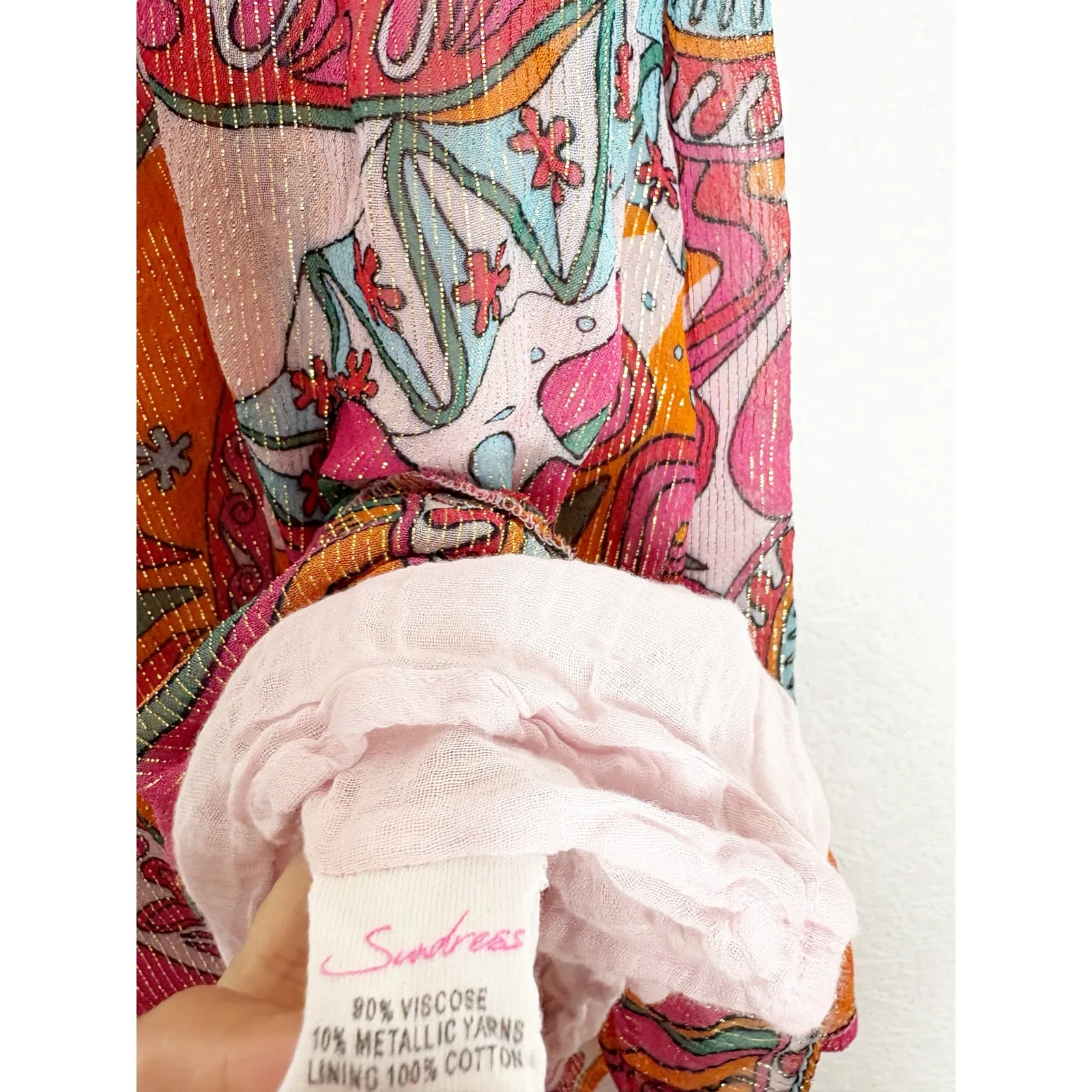 Sundress Amina Dress Size Large Fuchsia orange Print Halter Neck Asymmetric Hem - Image 7